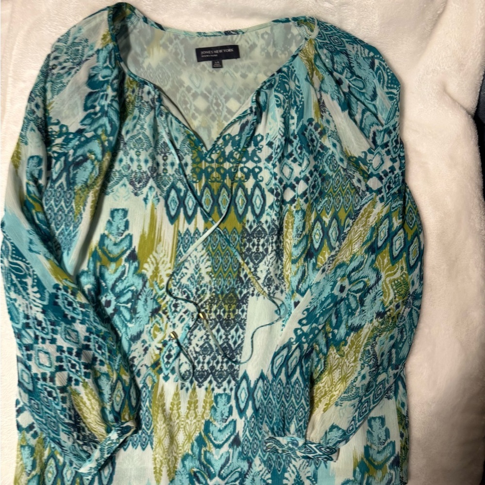 Jones New York Teal and Green Patterned Blouse